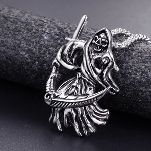 Gothic stainless steel Grim Reaper skull pendant necklace with silver chain on dark stone