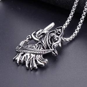 Gothic stainless steel Grim Reaper scythe pendant necklace with vintage oxidized finish