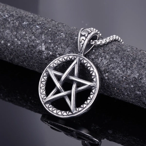Stainless steel pentagram pendant necklace with vintage silver finish and box chain