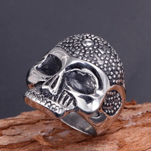 Gothic punk skull ring for men in vintage stainless steel with textured forehead detail