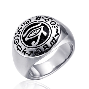 Vintage Titanium Steel Men Ring Egyptian Eye Of Horus Hieroglyphics Pattern Signet Ring Antique Silver Gold Band Jewelry