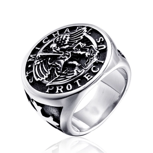 Vintage Stainless Steel St Michael Protect Us Archangel Signet Ring For Men Religious Cross Embossed Biker Jewelry Gift