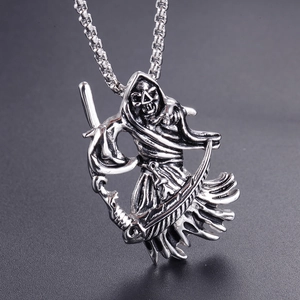 Gothic stainless steel grim reaper pendant with scythe and square pearl chain necklace