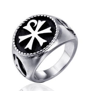 Anello con Sigillo Chi Rho Religioso Vintage in Acciaio Inossidabile 316L Uomo Donna Simbolo Alpha Omega Gioielli in Metallo Ossidato