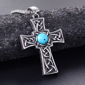 Retro stainless steel Celtic cross pendant necklace with a blue turquoise stone inlay