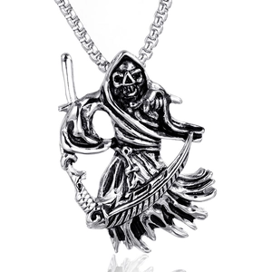 Gothic reaper pendant with skull and scythe on stainless steel square pearl chain necklace