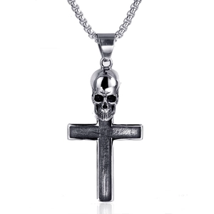 Retro punk stainless steel skull and cross pendant necklace with sturdy box chain