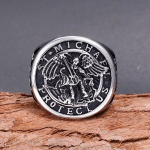 Retro stainless steel St. Michael cross ring with vintage religious engraving for men