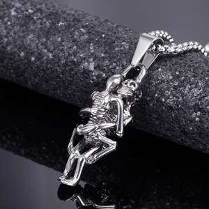Gothic stainless steel skeleton couple skull pendant with silver square pearl chain