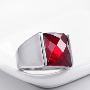 Vintage stainless steel ring for men with a large square red gemstone in silver finish