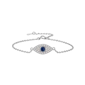 Macro detail of S925 sterling silver evil eye bracelet with blue crystal and white stones