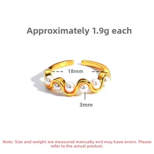 Detailed view of wave-shaped S925 silver ring with five white pearls and 18mm diameter