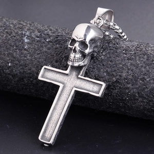 Gothic stainless steel cross pendant with skull carving on thick bead chain necklace