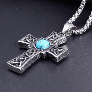 Vintage stainless steel Celtic cross necklace with blue turquoise in retro silver finish