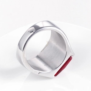 Retro stainless steel wide band ring with a rectangular red gemstone inlay