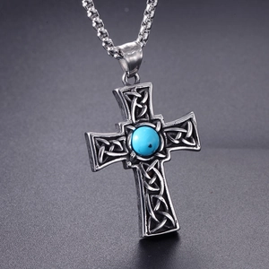 Retro stainless steel cross pendant necklace with Celtic knots and turquoise stone inlay