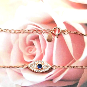Rose gold S925 silver evil eye bracelet with blue crystal and pave cubic zirconia