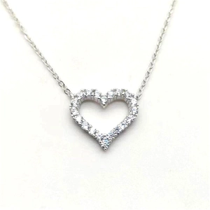 Macro shot of S925 sterling silver hollow heart necklace with paved white zircons