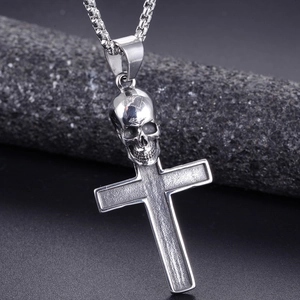 Gothic stainless steel skull and cross pendant necklace with a vintage silver finish