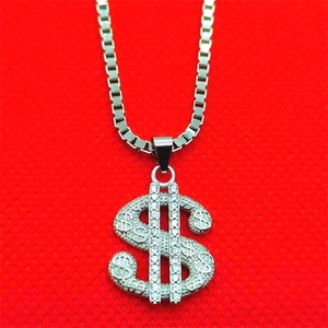 Pendentif signe dollar en argent sterling S925 avec pierres et chaîne maille vénitienne