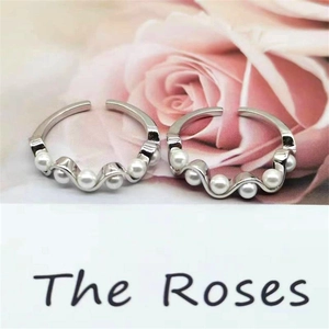 S925 sterling silver wave open rings with five white pearls for women, adjustable size