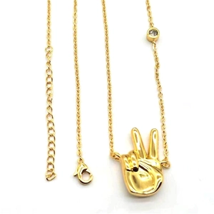 Gold-plated peace hand gesture necklace with a round diamond charm and lobster clasp