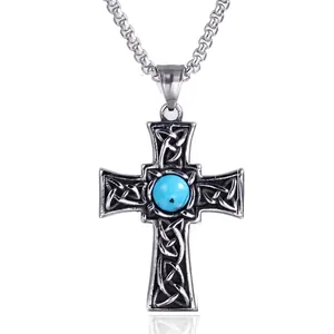 Vintage Stainless Steel Celtic Cross Pendant Necklace With Artificial Turquoise Inlaid Punk Jewelry For Men Women