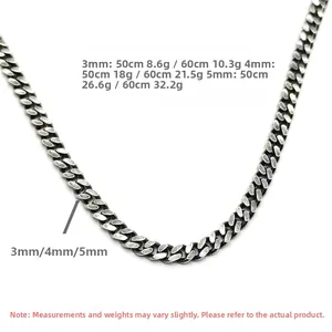 Size chart for vintage S925 sterling silver curb chain necklaces in 3mm, 4mm, and 5mm widths