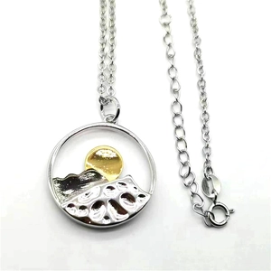 Nature Inspired Copper Mountain Sun Pendant Necklace Artistic Hollow Round Two Tone Landscape Jewelry For Men Women Gifts
