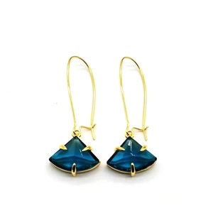 Boucles d'Oreilles Pendantes en Forme d'Éventail Bleu en Cuivre Plaqué Or Style Occidental Femmes Boucles d'Oreilles Géométriques Strass