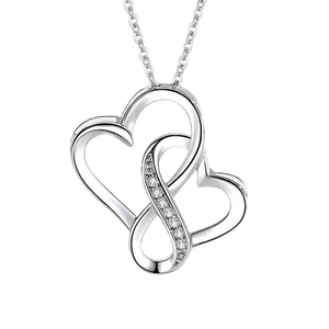 S925 sterling silver interlocking double heart pendant necklace with shimmering crystals