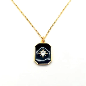 925 Sterling Silver Starburst Necklace Gold Plated Black Enamel Rectangular Pendant Rhinestone Inlaid Jewelry For Women