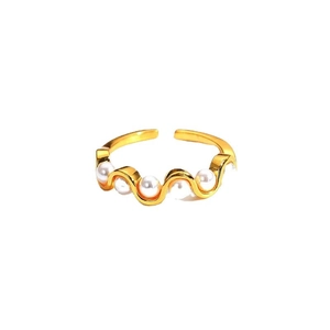 S925 sterling silver wave ring with five white pearls and adjustable gold-plated finish