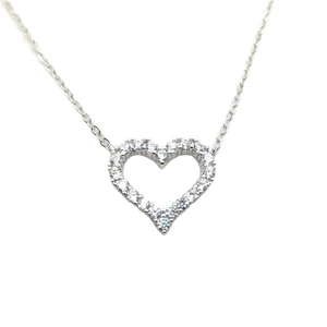 S925 Sterling Silver Heart Pendant Necklace with White Zircon Pavé Stones