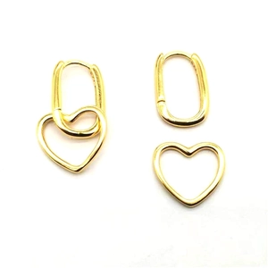 Detail view of gold S925 sterling silver heart earrings with detachable pendants
