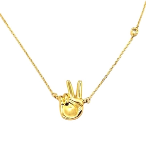 Gold plated peace sign hand gesture pendant necklace with clear crystal accent