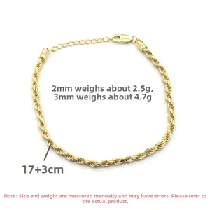 Detailed view of gold twisted rope bracelets in 2mm and 3mm thickness with lobster clasps
