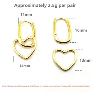 Detailed size chart of S925 sterling silver heart earrings with dimensions and weight