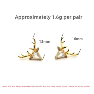 Detail of gold reindeer stud earrings showing 1.6g weight and 16mm size dimensions