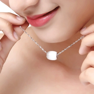 Classic S925 sterling silver necklace with a minimalist opal stone cylinder pendant
