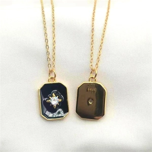 S925 Sterling Silver Square Octagram Pendant Necklace with Black Enamel and Gold Plating