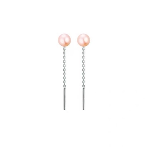 Detailed close-up of S925 silver threader earrings with 7mm pink freshwater pearls