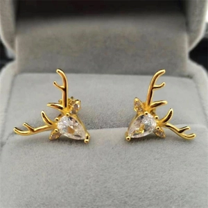 Elegant gold S925 silver reindeer stud earrings with crystal teardrop zircon and tiny stones