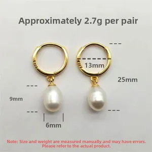 Detail of S925 sterling silver hoop earrings with natural freshwater pearl drops and dimensions