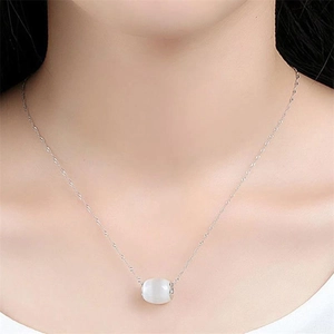Classic S925 sterling silver necklace for women with white cat eye stone barrel pendant