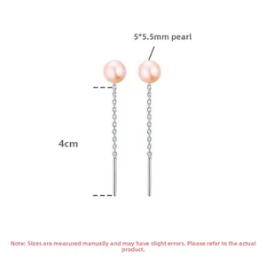 Detail view of pink 5mm freshwater pearl threader earrings with 4cm long silver tassel