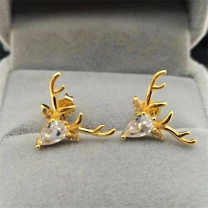 S925 sterling silver elk stud earrings in gold with pear-shaped white crystal stones