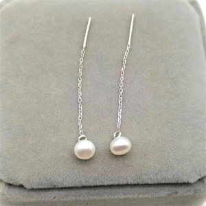 S925 sterling silver drop threader earrings with white natural freshwater pearls for women