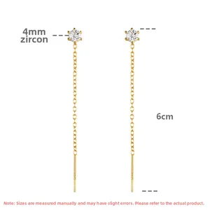 Close-up of S925 silver gold-plated ear threader with 4mm zircon and 6cm chain detail