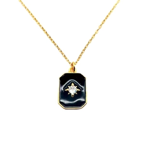 S925 silver square pendant necklace with black enamel inlay and star-set zircon gemstone